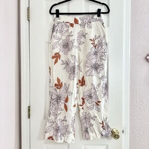 Rachel Roy 100% Linen Wide Straight Leg Pants Floral White Pockets Band Wms Sz M